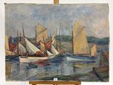 un tableau représentant des voiliers sur l'eau, posé sur un chevalet