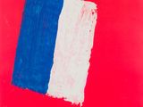 a red book with a blue and white flag on it