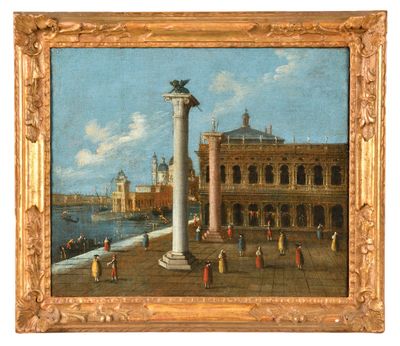 an image of a painting of a view of a city with people walking around