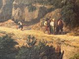 a painting of a group of people riding horses on a dirt road