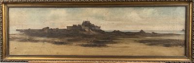 an old painting of a castle in the middle of a field