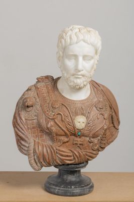 marble bust of a man with a beard, wearing a leather jacket