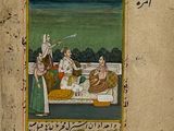 an old book with a picture of a man and a woman sitting on a bed