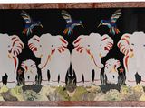 painting of a group of elephants and birds on a black background