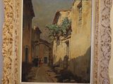 an old painting of a street scene with buildings and a horse