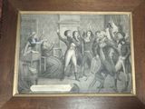 painting of a group of people in a room with a clock