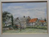 une photo d'un tableau représentant une ferme à la campagne