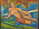 une peinture à l'huile représentant une femme assise sur une planche de surf dans l'eau