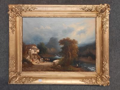 une image représentant un tableau représentant un paysage avec une maison et une rivière