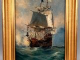 une peinture à l'huile représentant un bateau en mer, arborant un drapeau
