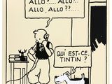 une image représentant un personnage de bande dessinée, un homme parlant au téléphone portable à côté d'un chien