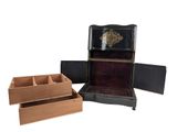 a small wooden box with two compartments in it