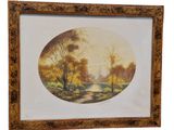 une peinture d'un paysage avec des arbres et une rivière au premier plan