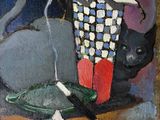 un tableau représentant un chat noir assis à côté d'une poubelle