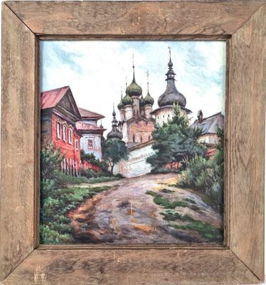 an oil painting of a street with a church in the background