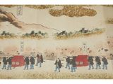 a painting of a group of people walking in a line