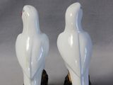 two white birds sitting on top of a black base