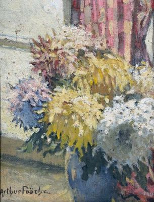 a painting of flowers in a vase on a window sill