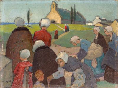 une image d'une peinture représentant un groupe de personnes dans un champ