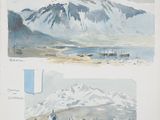 two watercolor paintings of a mountain and a body of water