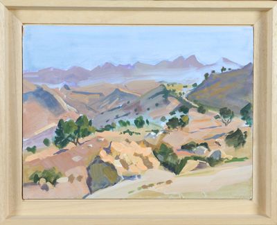 an oil painting of a landscape with hills and trees in the distance