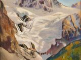 tableau représentant une montagne enneigée avec une rivière au premier plan