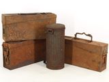 three old suitcases sitting next to each other on a white surface