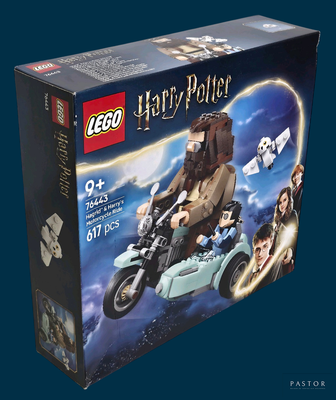 une boîte sur laquelle figure un personnage Lego d'Harry Potter à moto