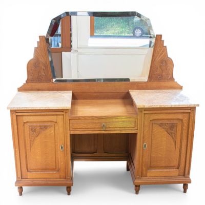 TRAVAIL ART NOUVEAU Coiffeuse en bois, miroir et marbre H : …