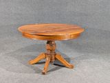 a small wooden table with a wooden top on a grey background