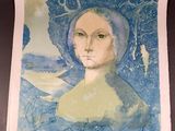 an image of a painting of a woman with a blue hat