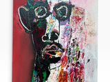 a painting of a man ' s face on a red background