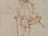 an old drawing of a man with a cane and a dog