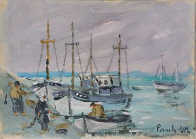 une peinture représentant un groupe de bateaux dans l'eau