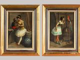 two framed paintings of a woman and a man in a room
