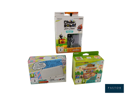 trois jeux Nintendo Wii dans une boîte, sur fond blanc