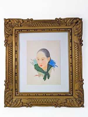 tableau représentant une femme avec un oiseau bleu sur l'épaule