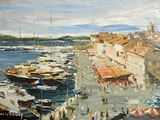 une peinture représentant une scène portuaire avec des bateaux et des gens