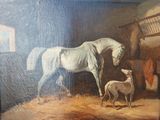 un tableau représentant un cheval et un mouton dans une grange