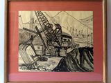 drawing of a construction crane in a frame hanging on a wall