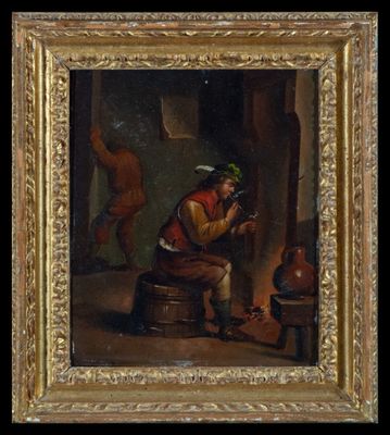 un vieux tableau représentant un homme assis sur un tabouret dans une pièce
