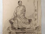 an old drawing of a woman sitting on a sled in a room