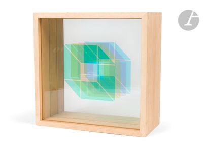 an image of a picture of a green and blue cube in a wooden frame