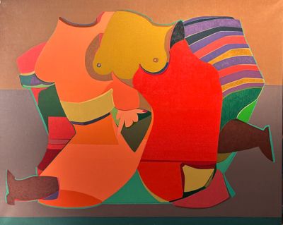 a painting of two people sitting on a couch