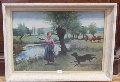 a picture of a painting of a woman and a dog in a field