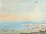 a painting of a view of a city from a hill