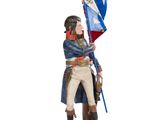 figurine d'un homme tenant un drapeau sur une base en bois