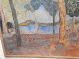 a painting of a bench in a park by the water