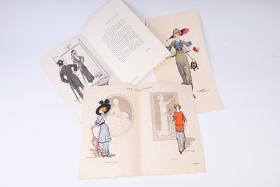 trois pages d'un livre comportant des illustrations de femmes portant des chapeaux et des robes