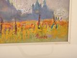 a painting on the wall of a room that has a picture of a mountain in the background